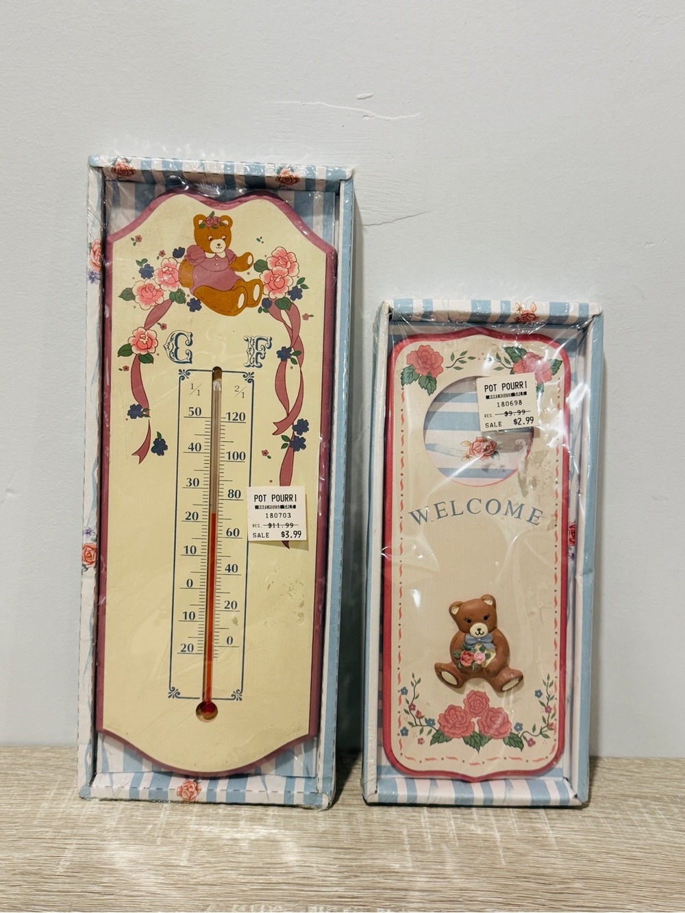 Vtg Teddy Bear Wall Thermometer & Welcome Sign Set Floral Cottagecore NIP NOS